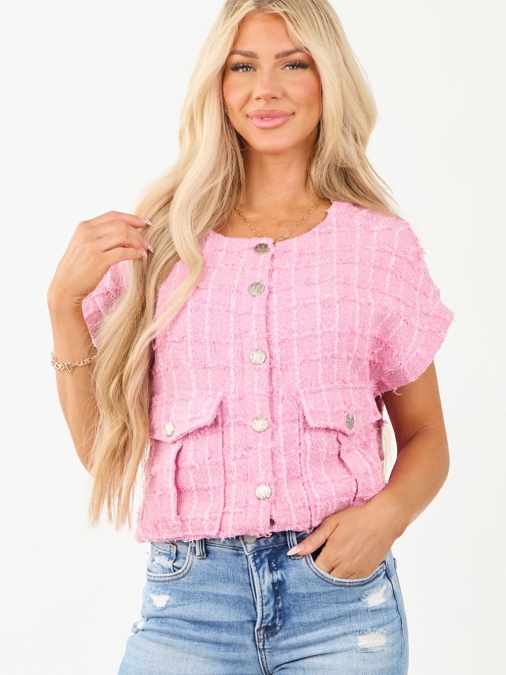 HEYSON Fuchsia Tweed Button Down Short Sleeve Top